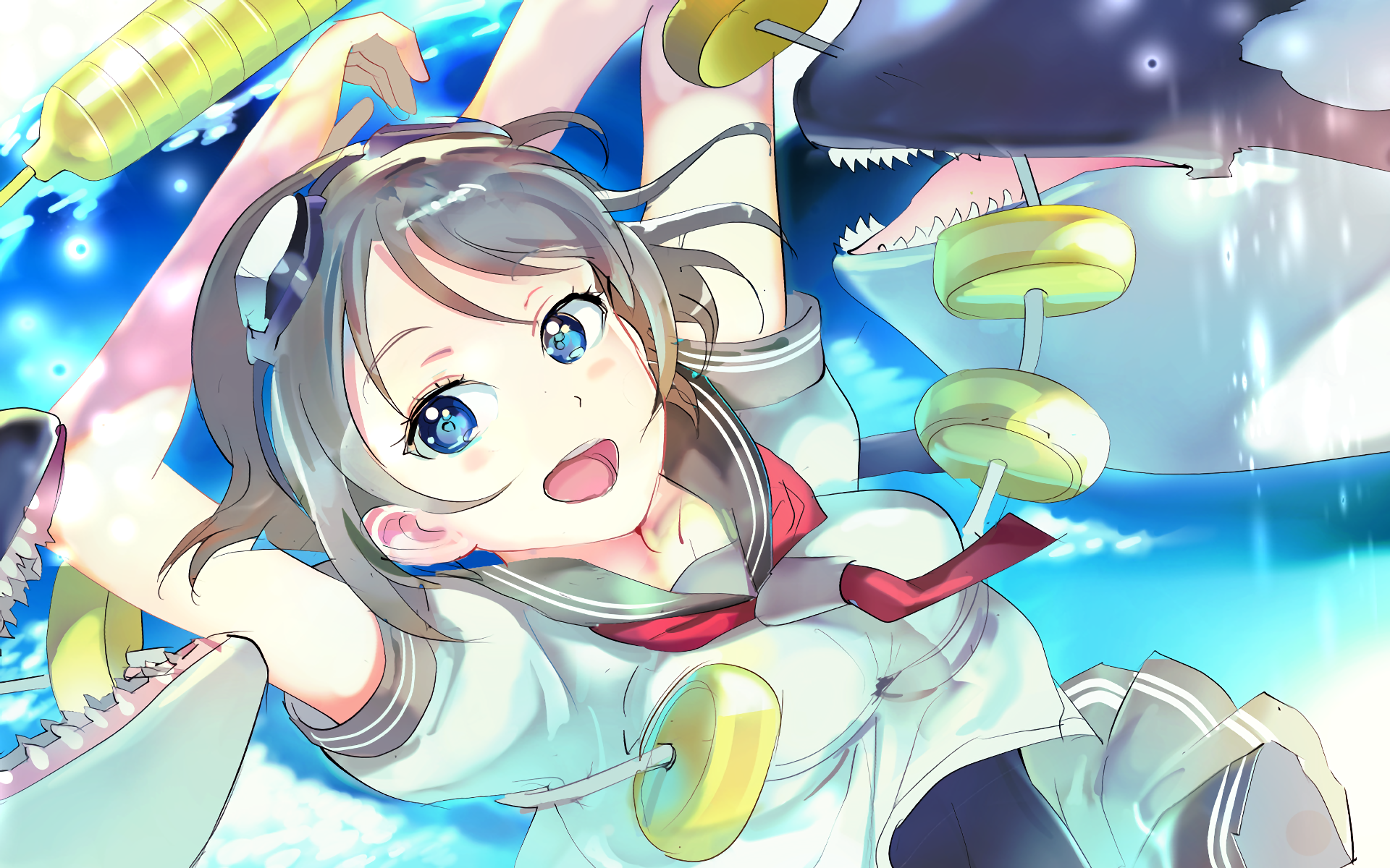 HD PC desktop wallpaper featuring You Watanabe from the anime Love Live! Sunshine!! in a lively underwater scene with bright colors and dynamic movement.