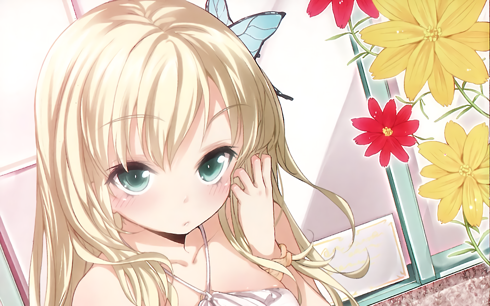 HD anime desktop wallpaper featuring Sena Kashiwazaki from Boku Wa Tomodachi Ga Sukunai, surrounded by colorful flowers and soft pastel tones.