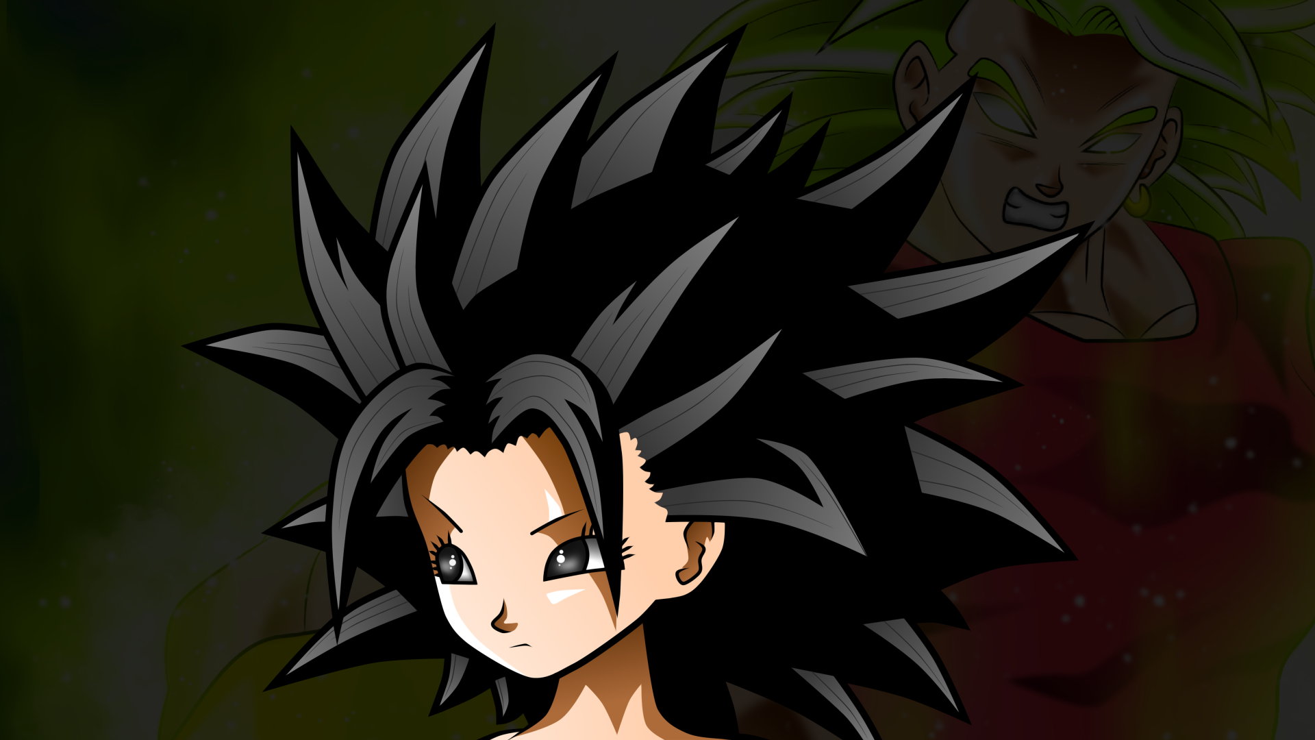 HD desktop wallpaper featuring Caulifla and Kale from Dragon Ball Super anime. The image showcases an intense moment, highlighting their distinctive appearances and dynamic styles.