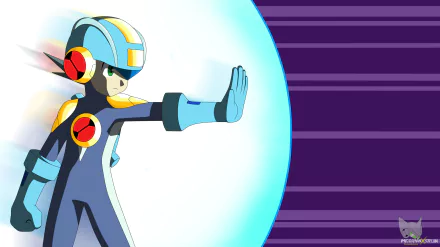 HD PC desktop wallpaper featuring MegaMan.EXE from the video game Mega Man Battle Network, depicting him in a dynamic pose with a glowing blue energy sphere.
