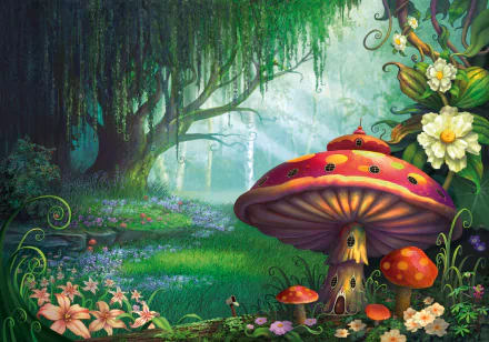 A fantasy HD desktop wallpaper featuring a vibrant spring forest with colorful flowers, a large mushroom house, and lush trees. The scene has an artistic touch, creating a whimsical and enchanting atmosphere.