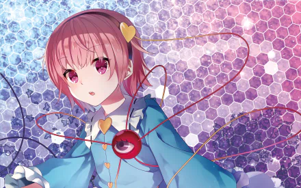 HD PC desktop wallpaper of Satori Komeiji (Touhou anime): pink-haired girl in a blue dress with heart motifs and a red third-eye pendant against a hexagonal blue-purple background.