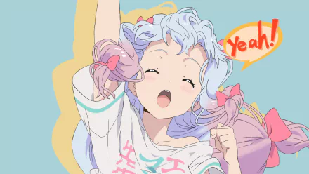Anime character Sagiri Izumi from EroManga-Sensei with long hair, cheerfully raising her arm with a 'Yeah!' speech bubble, featured in a HD desktop wallpaper and background.