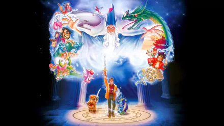 HD desktop wallpaper from the movie The Pagemaster, featuring a young boy surrounded by animated fantasy characters and mythical creatures in a magical setting.