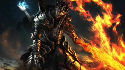 HD desktop wallpaper featuring Lorian from Dark Souls III. The warrior clad in dark armor wields a fiery sword, standing fiercely amidst flames and glowing elements in the background.