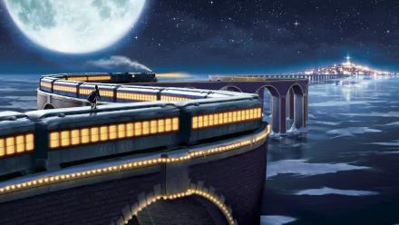 HD desktop wallpaper featuring a scene from the movie The Polar Express with the train crossing a bridge under a full moon over calm waters.