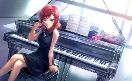 HD anime desktop wallpaper featuring Maki Nishikino from Love Live!, seated thoughtfully beside a grand piano with sheet music and soft sunlight streaming through a window.