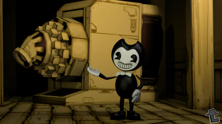 An HD desktop wallpaper featuring Bendy, a character from the video game Bendy and the Ink Machine, standing in a dimly lit, ink-stained room with industrial machinery in the background.