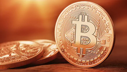 Close-up of a gold Bitcoin coin on a warm, blurred background, HD PC desktop wallpaper referencing the movie The Rise and Rise of Bitcoin.