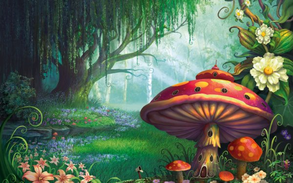 Artistic Fantasy House Mushroom Forest Flower Tree Spring HD Wallpaper | Background Image