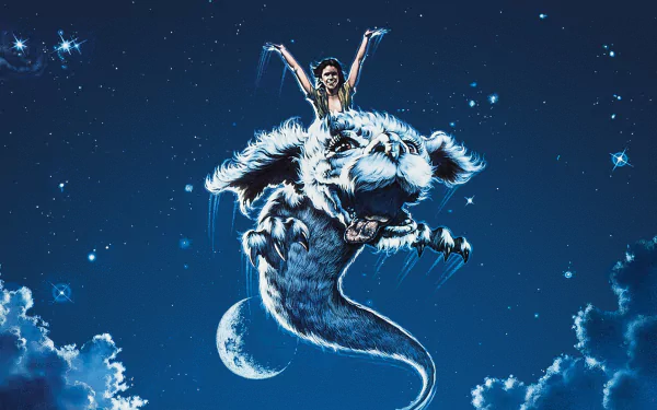 HD PC desktop wallpaper and background: movie scene from The Neverending Story showing a boy riding the luckdragon across a moonlit, star-filled sky above clouds.