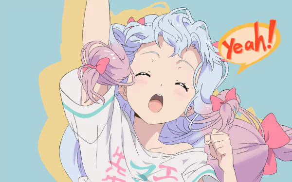 Anime character Sagiri Izumi from EroManga-Sensei with long hair, cheerfully raising her arm with a 'Yeah!' speech bubble, featured in a HD desktop wallpaper and background.