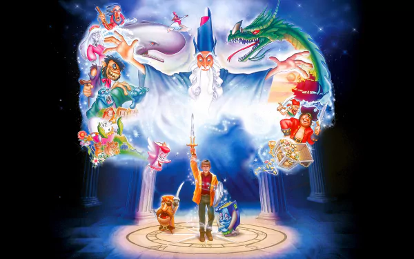 HD desktop wallpaper from the movie The Pagemaster, featuring a young boy surrounded by animated fantasy characters and mythical creatures in a magical setting.