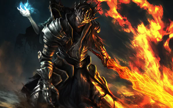 HD desktop wallpaper featuring Lorian from Dark Souls III. The warrior clad in dark armor wields a fiery sword, standing fiercely amidst flames and glowing elements in the background.