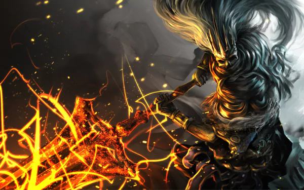 A dynamic HD desktop wallpaper of the Nameless King from Dark Souls III, featuring a warrior in armor, holding a flaming sword with intense, fiery effects in the background.