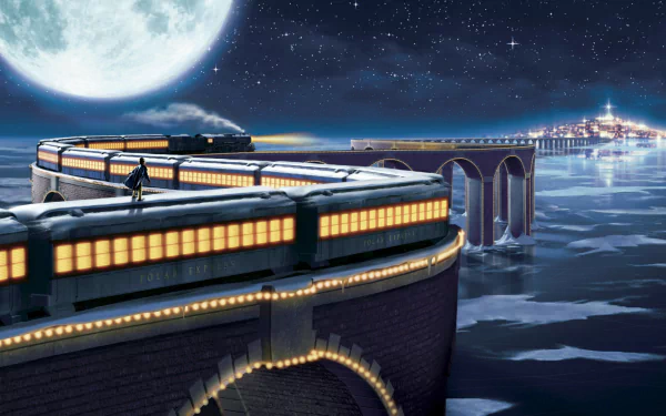 HD desktop wallpaper featuring a scene from the movie The Polar Express with the train crossing a bridge under a full moon over calm waters.