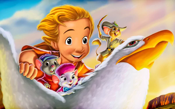 HD PC desktop wallpaper from The Rescuers Down Under: Cody and the rescue mice soar atop a giant white eagle across a bright, sunlit sky.