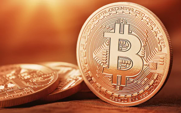Close-up of a gold Bitcoin coin on a warm, blurred background, HD PC desktop wallpaper referencing the movie The Rise and Rise of Bitcoin.