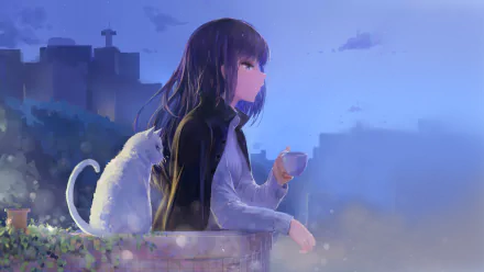 An anime girl with long purple hair and purple eyes stands on a balcony at night, holding a cup. A white cat sits beside her. The scene is moody with cityscape in the background. HD desktop wallpaper.