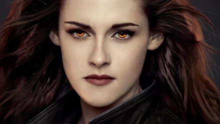 HD desktop wallpaper featuring Kristen Stewart as Bella Swan from The Twilight Saga: Breaking Dawn - Part 2, showcasing her intense gaze framed by loosely flowing dark hair.