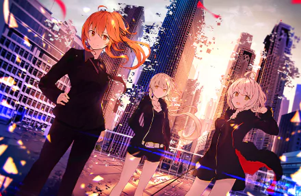 HD desktop wallpaper featuring Saber and Saber Alter from the Fate Series and Fate/Grand Order. The anime characters are depicted in a striking urban setting with cityscape background and vivid colors.
