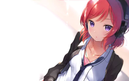 HD anime desktop wallpaper featuring Maki Nishikino from Love Live!, with her signature red hair and purple eyes, wearing headphones and a casual outfit against a light background.