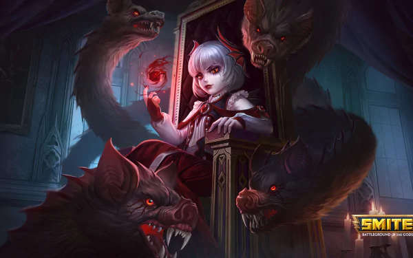 Scylla from Smite sits on a throne surrounded by monstrous hounds, showcasing a dark and mystical atmosphere. This HD wallpaper captures the essence of the game vividly.