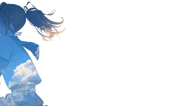 HD PC desktop wallpaper featuring Natsuki Nakagawa from the anime Sound! Euphonium, blending her silhouette with a bright blue sky and clouds.