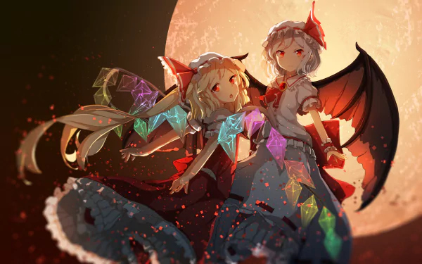 HD anime desktop wallpaper featuring Remilia Scarlet and Flandre Scarlet from Touhou, standing against a large glowing moon with vibrant crystal wings and dark bat-like wings.