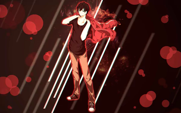 HD anime desktop wallpaper featuring Shintaro Kisaragi from Kagerou Project, standing with a red jacket against a dark background with red and white accents.