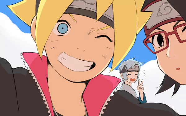 HD anime desktop wallpaper featuring Boruto Uzumaki winking, Sarada Uchiha with glasses, and Mitsuki flashing a peace sign from the Naruto Boruto series.