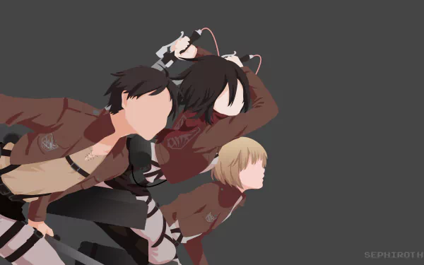 A dynamic 4K Ultra HD wallpaper featuring Armin Arlert, Mikasa Ackerman, and Eren Yeager from the anime Attack on Titan, showcasing their iconic poses and expressions.