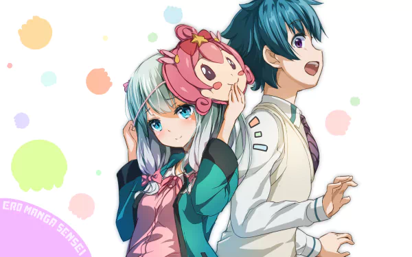 HD desktop wallpaper featuring Sagiri Izumi and Masamune Izumi from the anime EroManga-Sensei, with colorful pastel elements in the background.