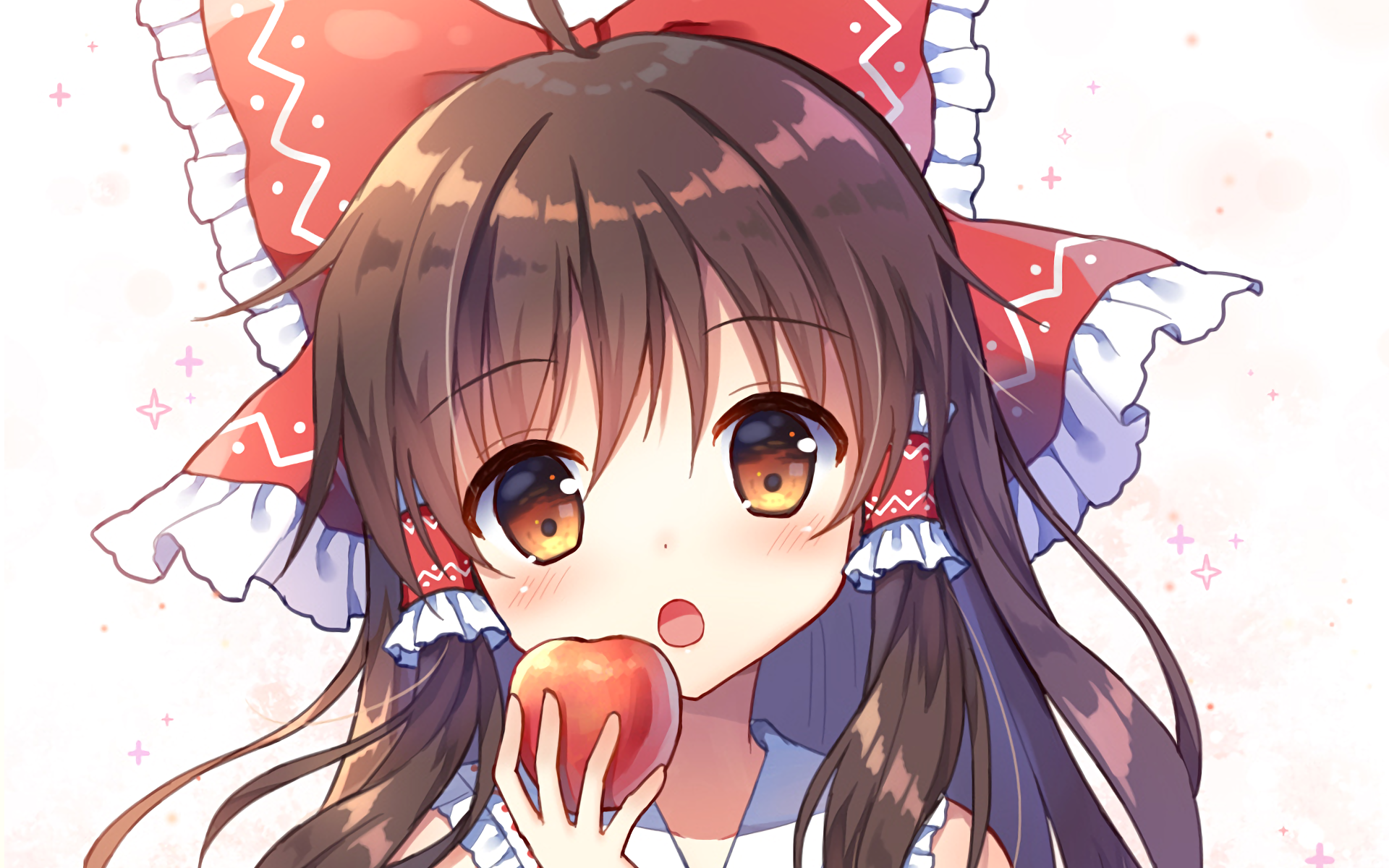 HD anime wallpaper featuring Reimu Hakurei from Touhou, holding an apple with a soft, pastel background and detailed character design.