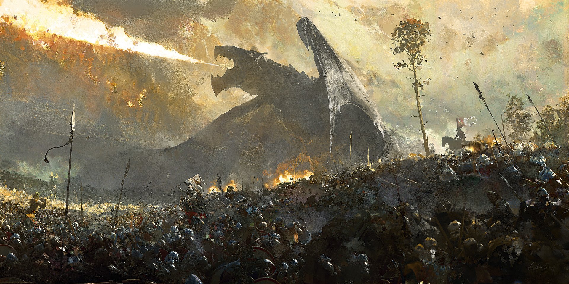 A dramatic HD fantasy wallpaper depicting a knight facing a massive, fire-breathing dragon amid a chaotic battlefield.