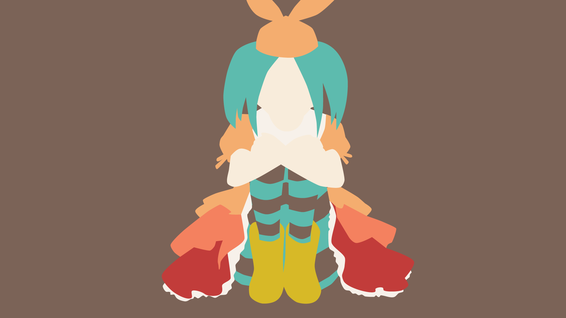 Minimalist HD PC desktop wallpaper of Yotsugi Ononoki from the Monogatari series, featuring her distinct teal hair and colorful outfit against a muted background.