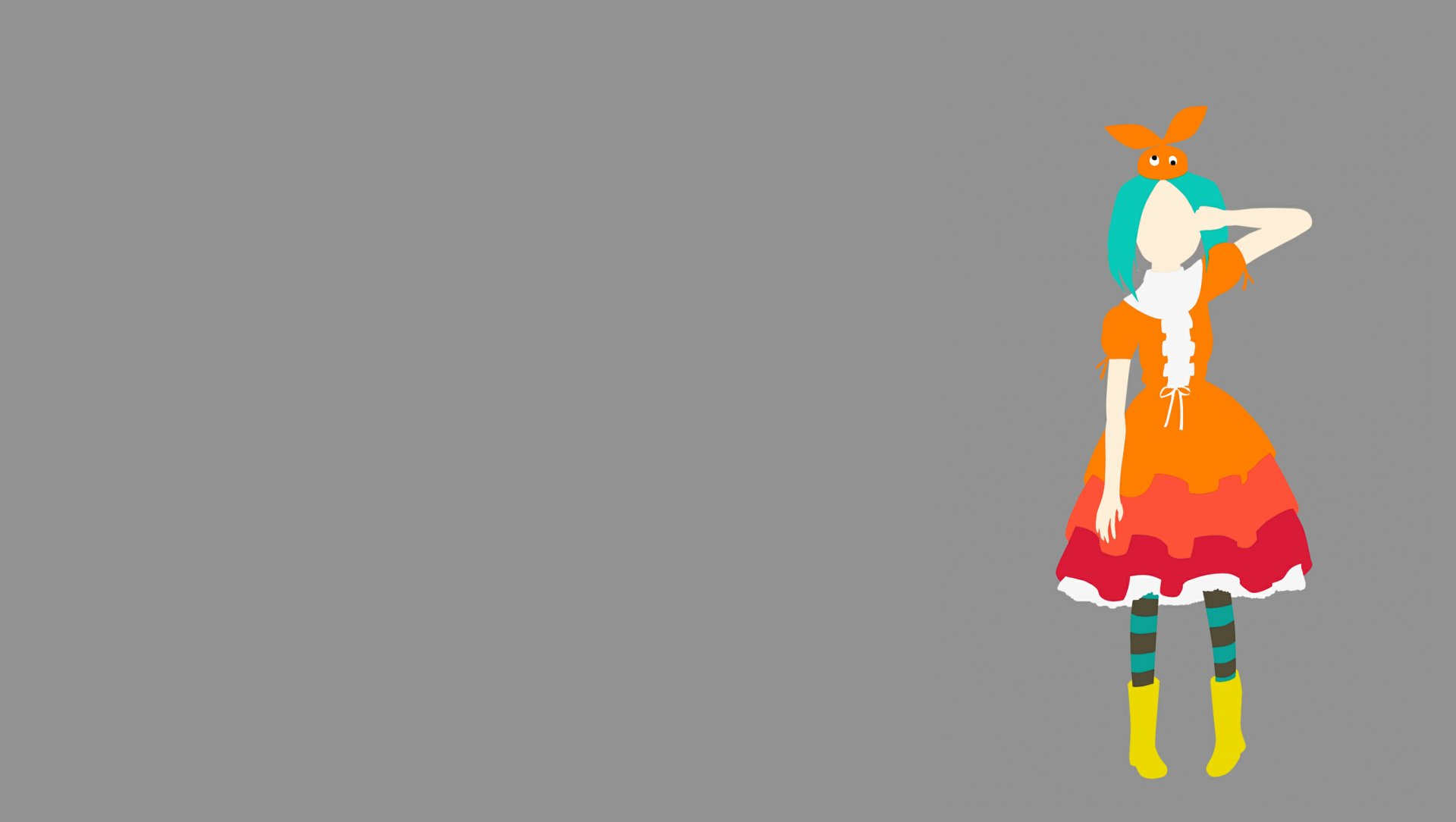 2K Quad HD PC wallpaper of Yotsugi Ononoki (Monogatari): stylized colorful figure in an orange dress, striped socks and yellow boots standing at the right against a plain gray background.
