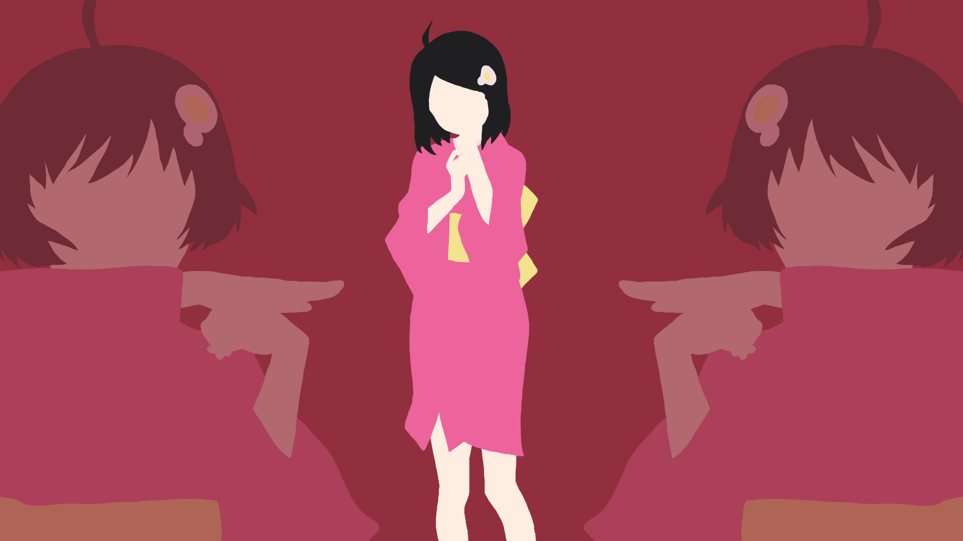 HD PC desktop wallpaper of Tsukihi Araragi from the Monogatari anime series: stylized full-body silhouette in a pink kimono against a mirrored maroon background.