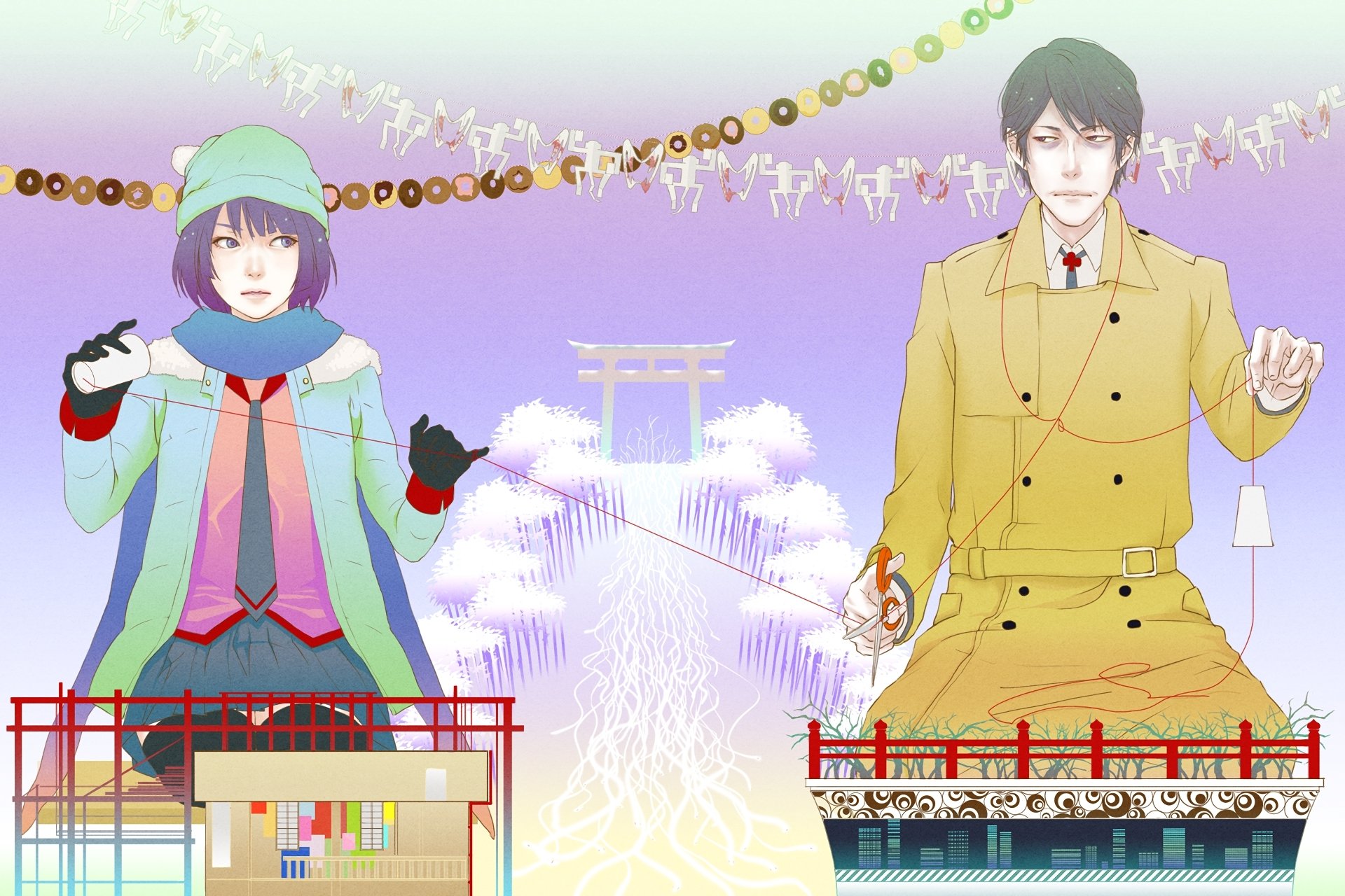 HD PC desktop wallpaper/background featuring Monogatari (Series) anime characters Deishuu Kaiki and Hitagi Senjōgahara against a pastel scene with a torii gate and delicate decorative motifs.
