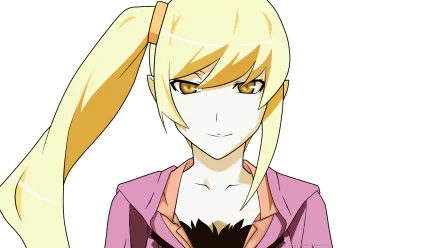 HD desktop wallpaper of Kiss-shot Acerola-orion Heart-under-blade (Shinobu Oshino) from Monogatari: blonde twin-tail vampire with yellow eyes, pink jacket and a confident smile.