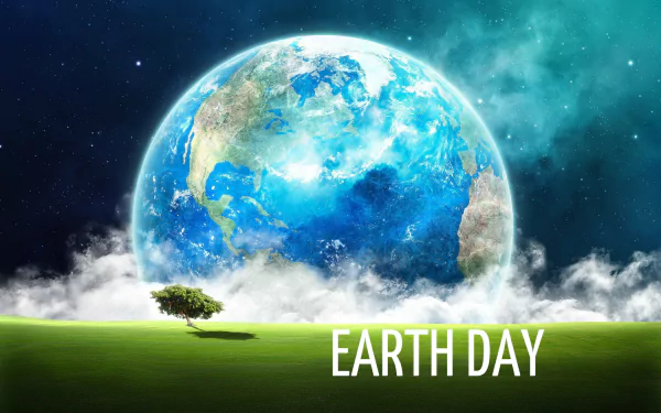 Earth Day HD PC desktop wallpaper: planet seen from space rising above a green field with a lone tree under a starry sky — nature, planet, sky, field holiday background.