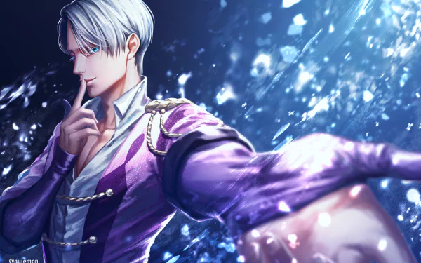 A vibrant HD wallpaper featuring Victor Nikiforov from the anime Yuri!!! on ICE, showcasing his charismatic presence against a sparkling blue background.