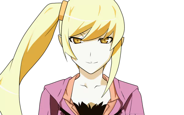 HD desktop wallpaper of Kiss-shot Acerola-orion Heart-under-blade (Shinobu Oshino) from Monogatari: blonde twin-tail vampire with yellow eyes, pink jacket and a confident smile.