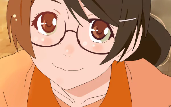 Close-up of Tsubasa Hanekawa from the Monogatari series, depicted in a 4K Ultra HD anime-style desktop wallpaper with warm tones and detailed eyes.