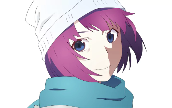 Hitagi Senjōgahara (Monogatari series) anime portrait wearing a white beanie and teal scarf on a white backdrop — 4K Ultra HD PC desktop wallpaper and background.