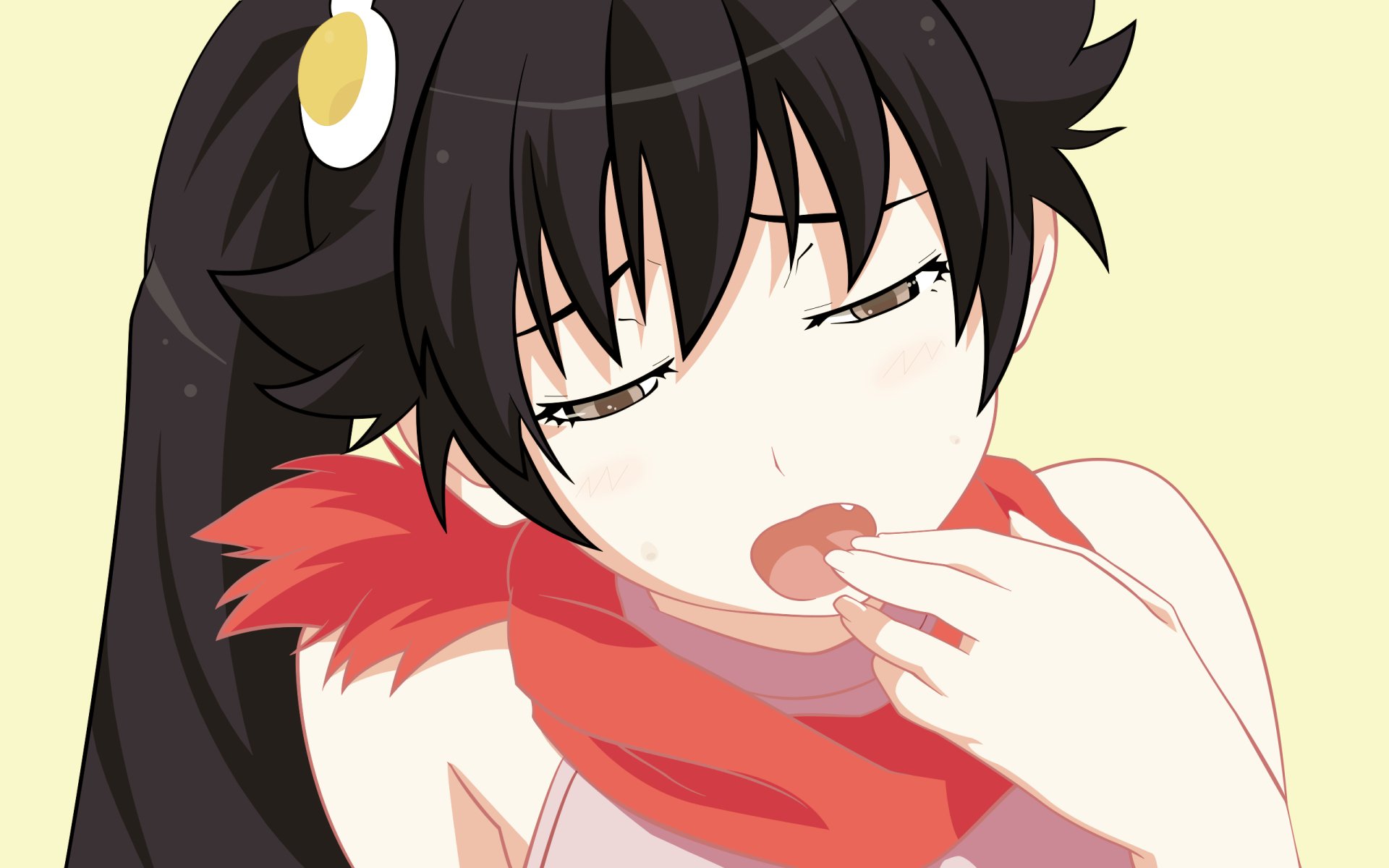 HD PC wallpaper of Karen Araragi from the Monogatari anime series: close-up, black ponytail, red scarf, half-closed eyes and finger at her lips on a pale background.