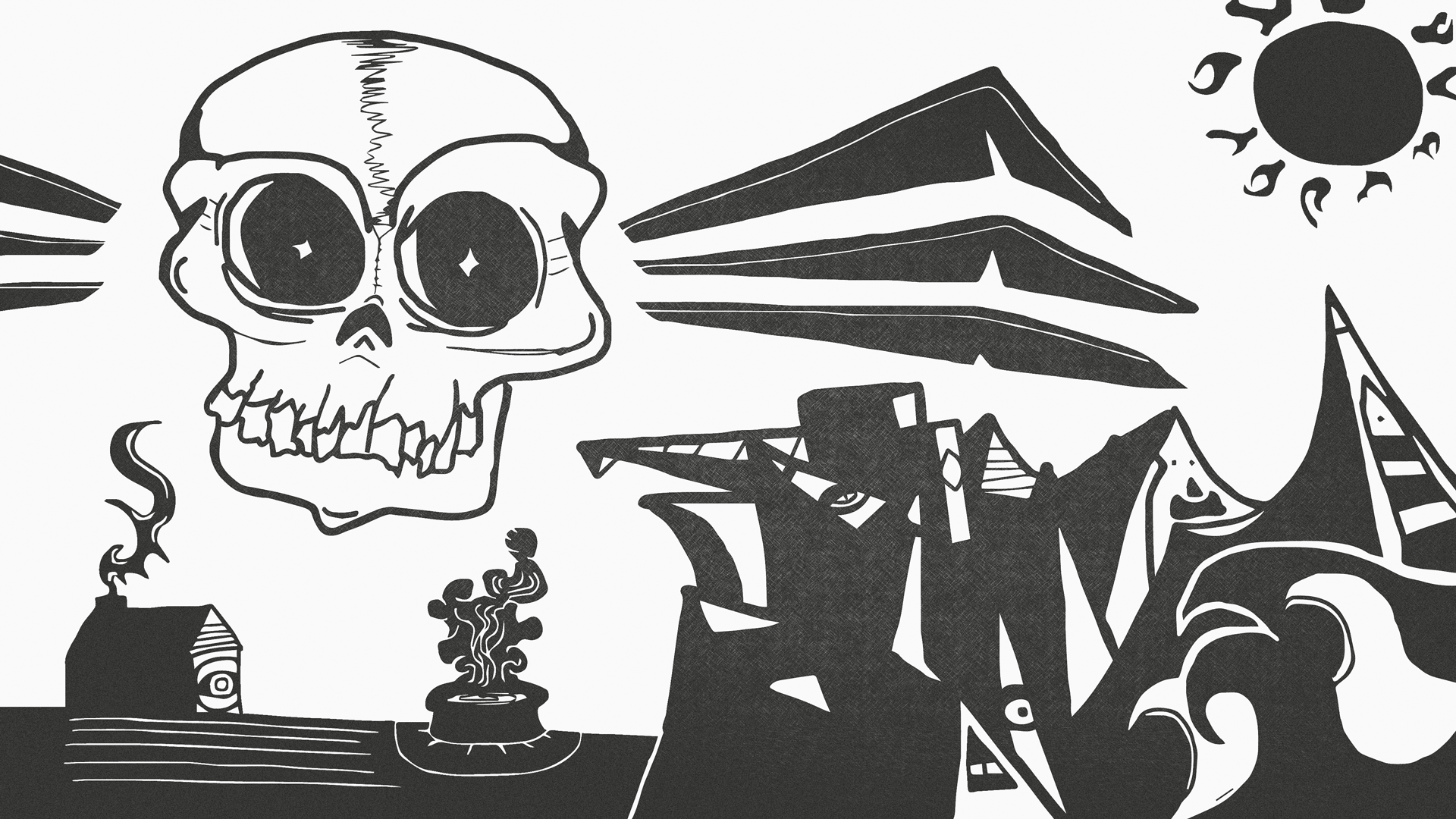 Black-and-white sketch of a skull amid abstract black shapes and dark geometric forms — HD PC desktop wallpaper/background.