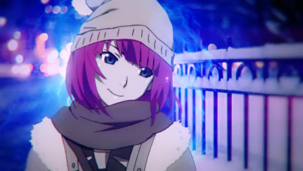 HD PC desktop wallpaper of Hitagi Senjōgahara from the Monogatari anime series, depicted with a winter hat and scarf against a softly lit urban night background.