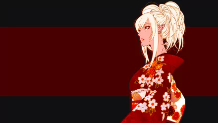 Anime character Kiss-shot Acerola-orion Heart-under-blade, also known as Shinobu Oshino, from the Monogatari series, featured in an HD wallpaper. She wears a detailed, floral kimono against a dark red backdrop.