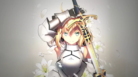 HD desktop wallpaper featuring Artoria Pendragon (Saber Lily) from the Fate/Stay Night anime series, holding a sword with white lilies in the background.